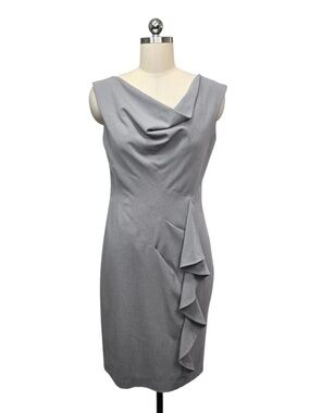 Calvin Klein Sheath Dress Gray Sleeveless Cowl Neck Ruffle Business Stretch